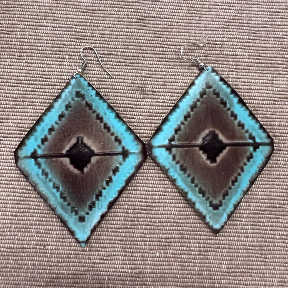 Turquoise and brown leather earrings